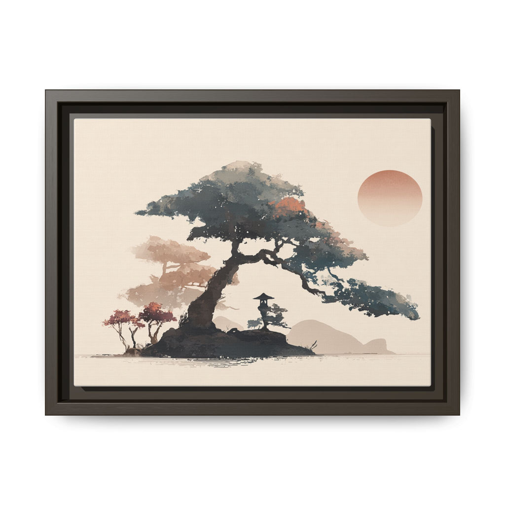 Framed Matte Canvas - Bonsai Tree Sunset Japanese Landscape Wall Art