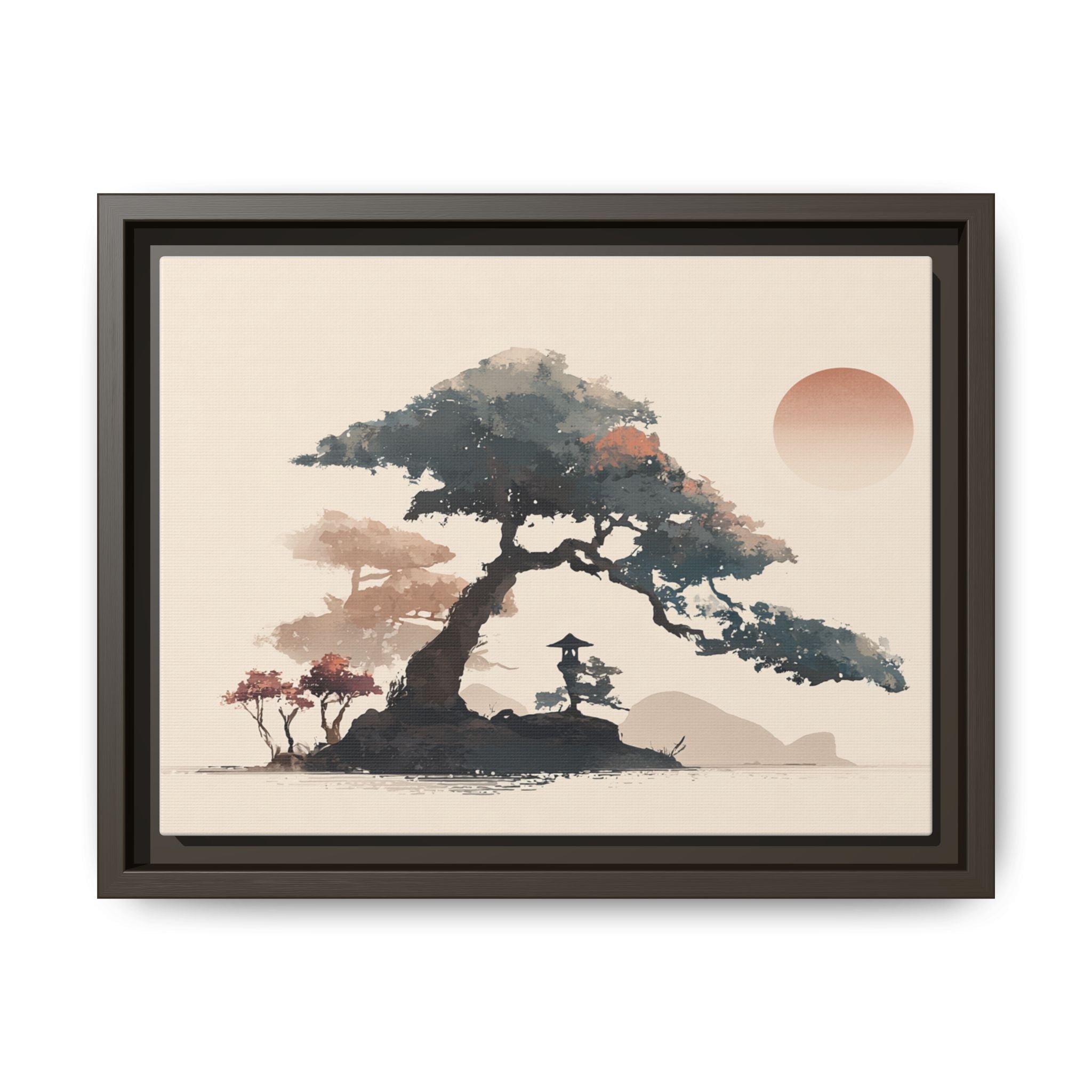 Framed Matte Canvas - Bonsai Tree Sunset Japanese Landscape Wall Art