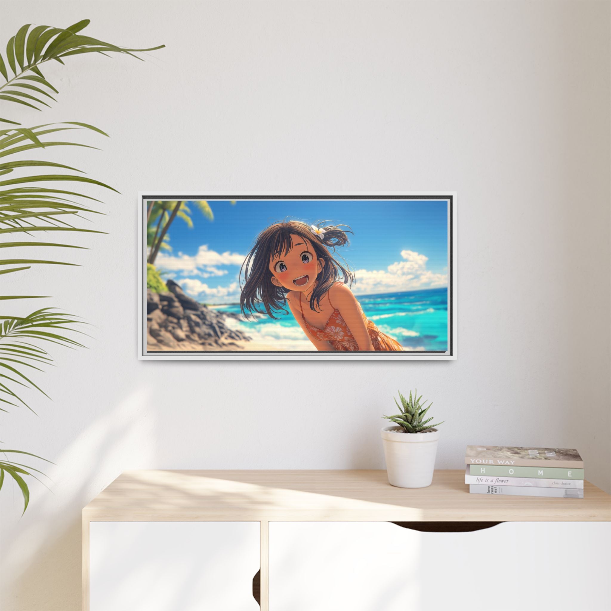 Colorful Beach Scene Framed Canvas
