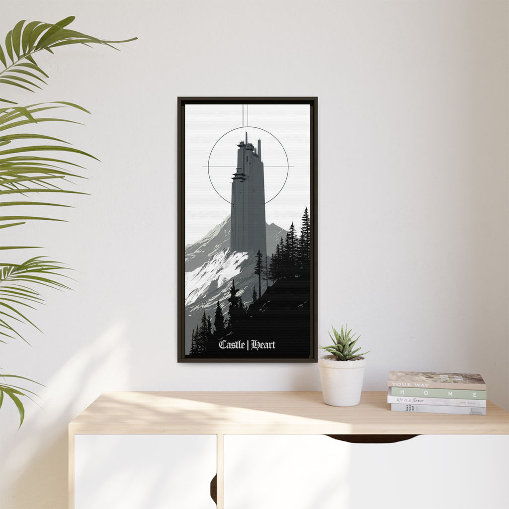 Framed Matte Canvas Print — 'Castle Heart' Monochrome Mountain Tower Art