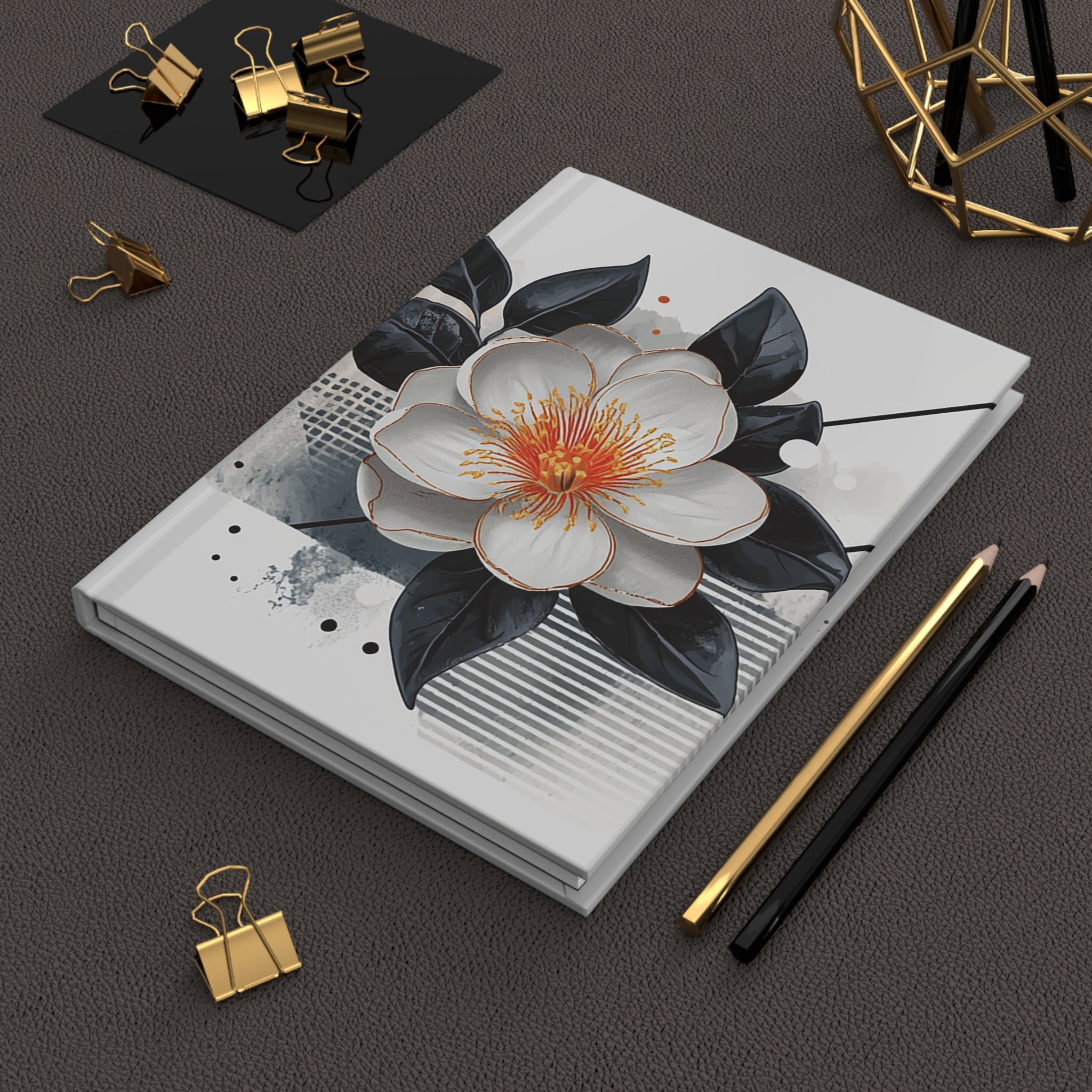 Elegant White Floral Notebook with Gold-Accent Camellia Cover