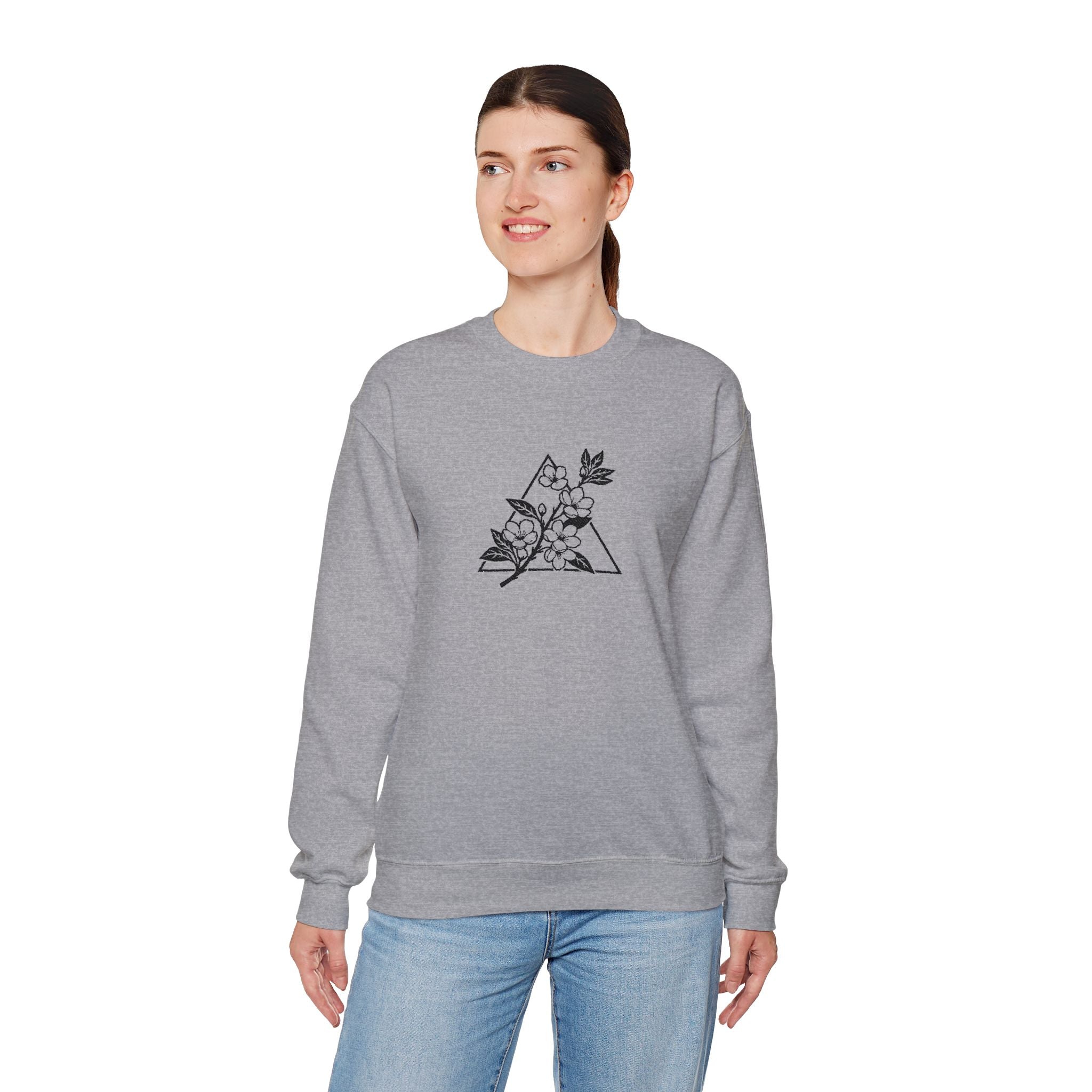 Floral Mountain Embroidery Sweatshirt — Minimal Botanical Crewneck