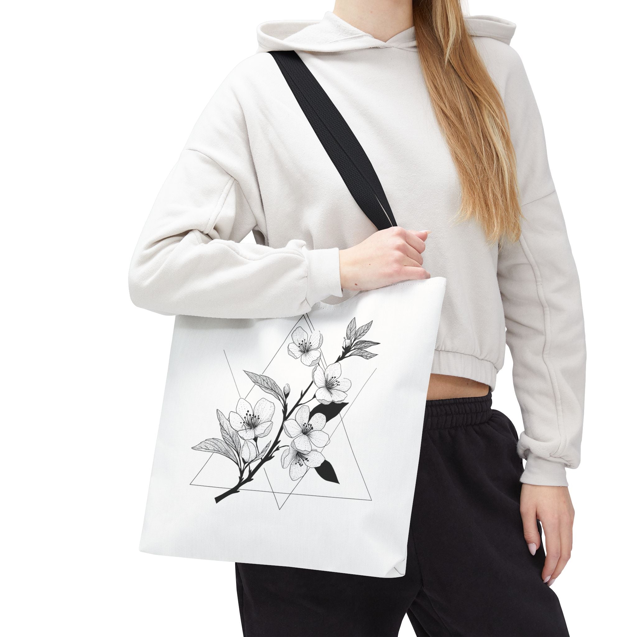 Floral Triangle Tote Bag — Minimal Black & White Botanical Canvas Tote