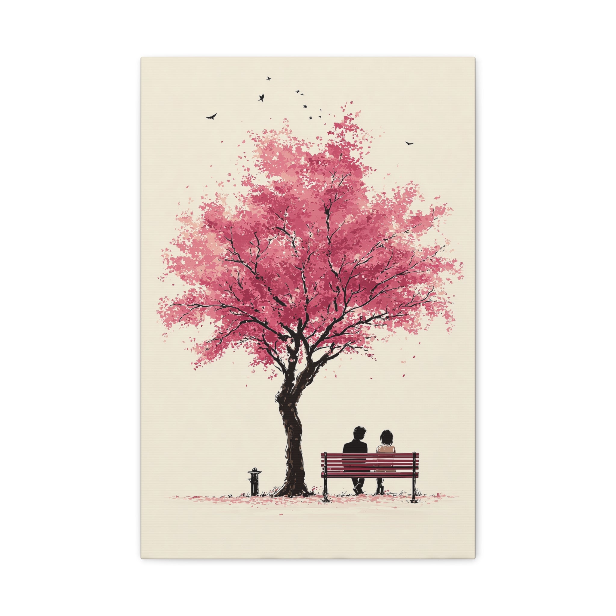 Cherry Blossom Bench Canvas Art — Romantic Pink Tree Wall Decor