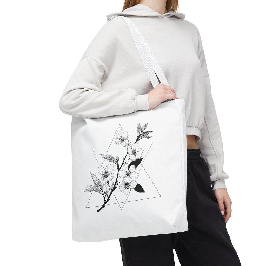 Floral Triangle Tote Bag — Minimal Black & White Botanical Canvas Tote