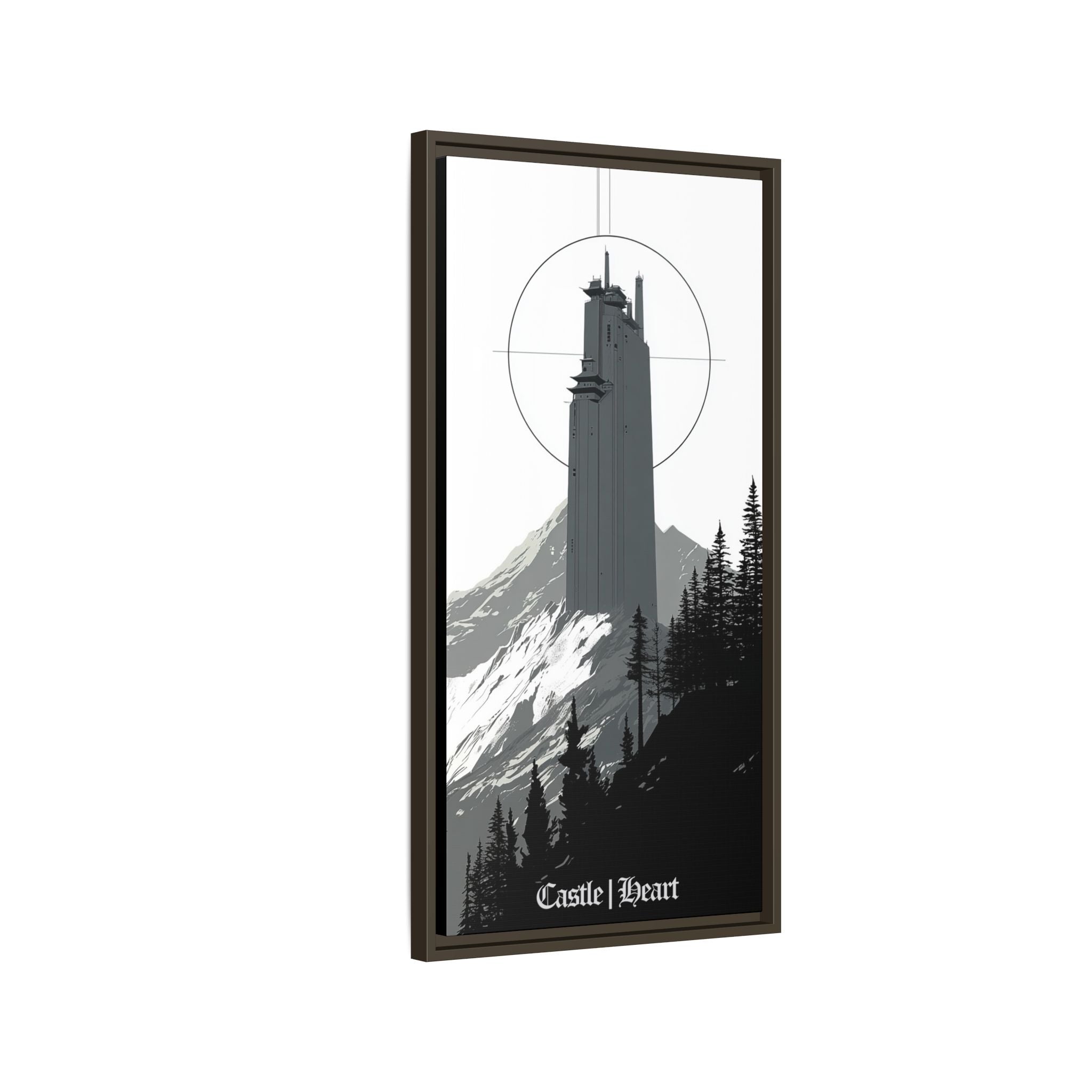 Framed Matte Canvas Print — 'Castle Heart' Monochrome Mountain Tower Art