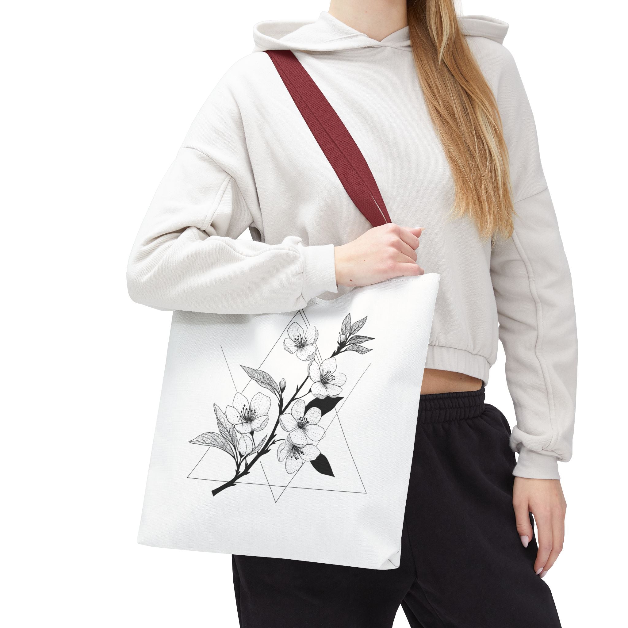 Floral Triangle Tote Bag — Minimal Black & White Botanical Canvas Tote
