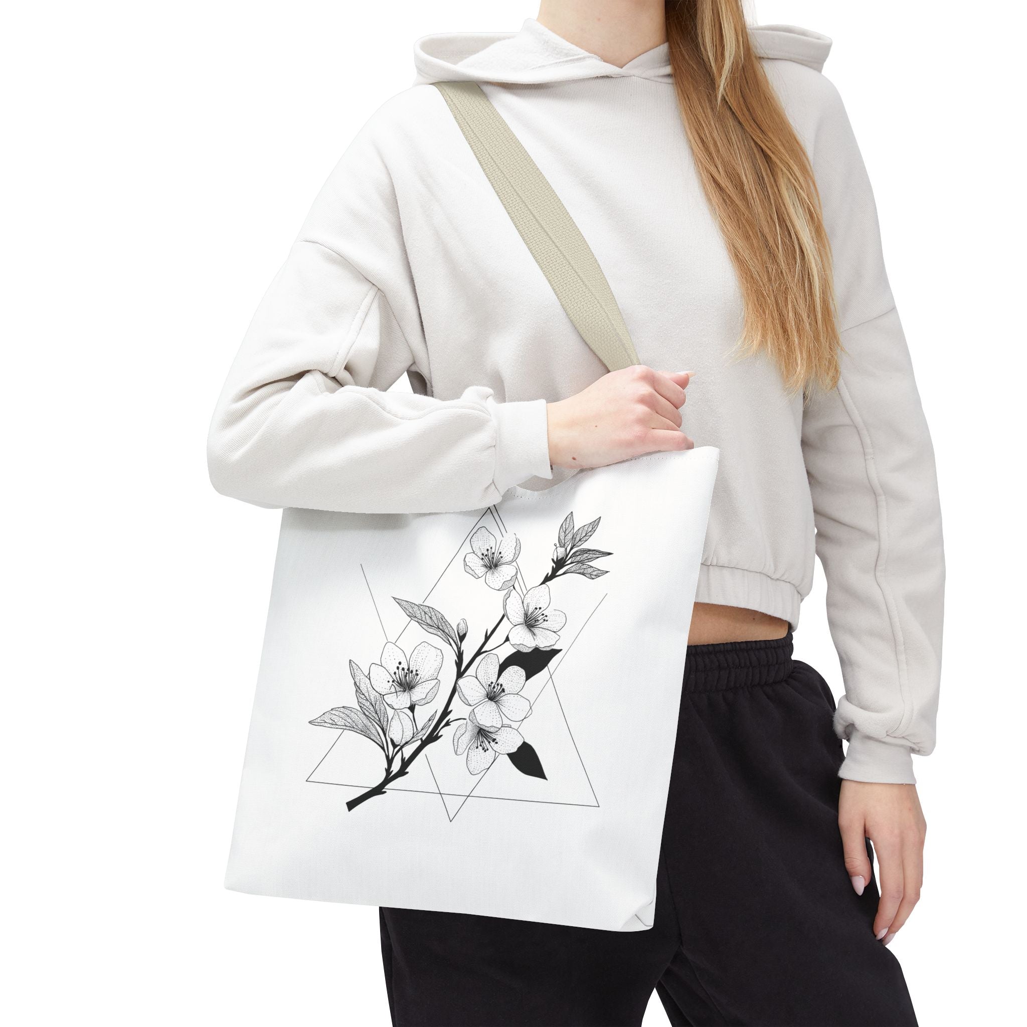 Floral Triangle Tote Bag — Minimal Black & White Botanical Canvas Tote