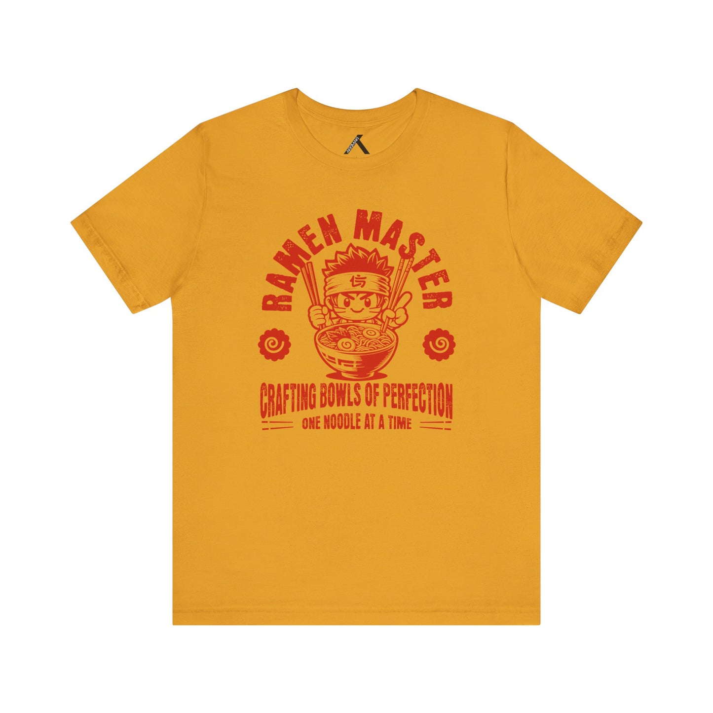 Ramen Master graphic tee in yellow featuring whimsical design and slogan about crafting bowls of perfection.