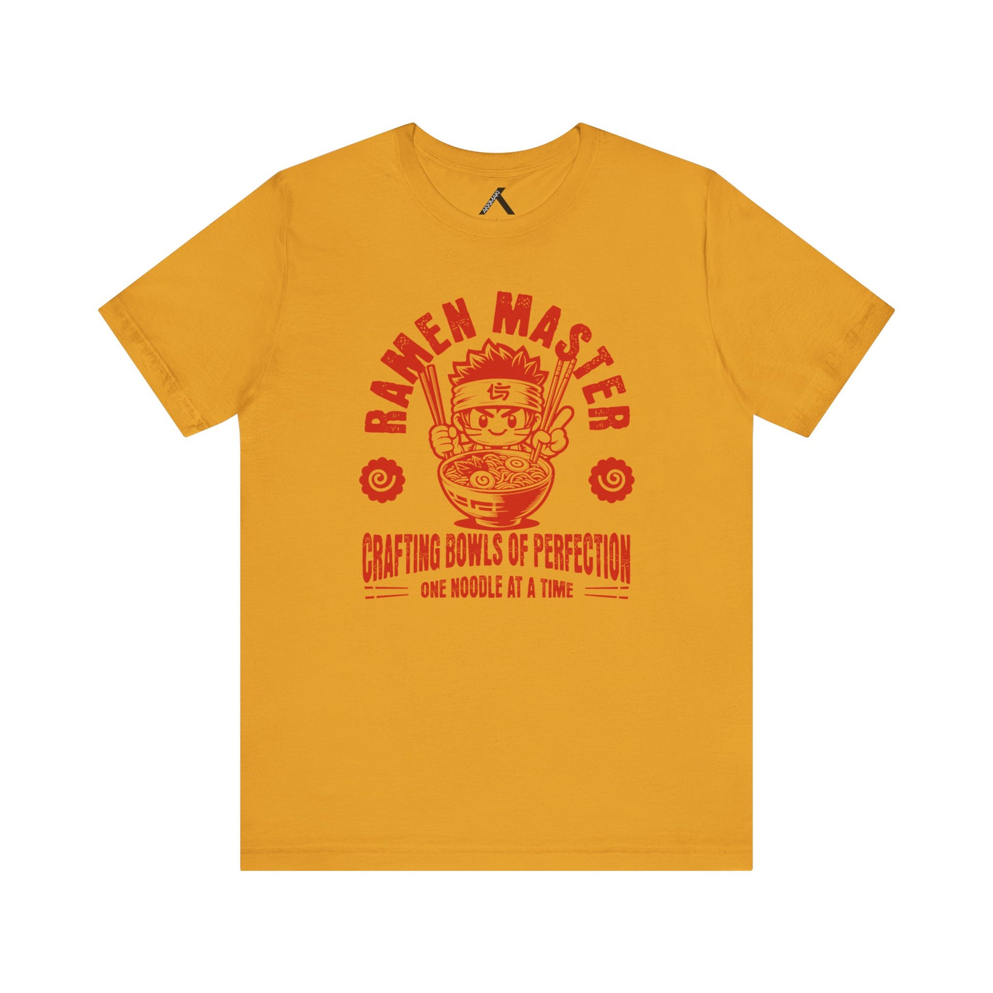 Ramen Master graphic tee in yellow featuring whimsical design and slogan about crafting bowls of perfection.