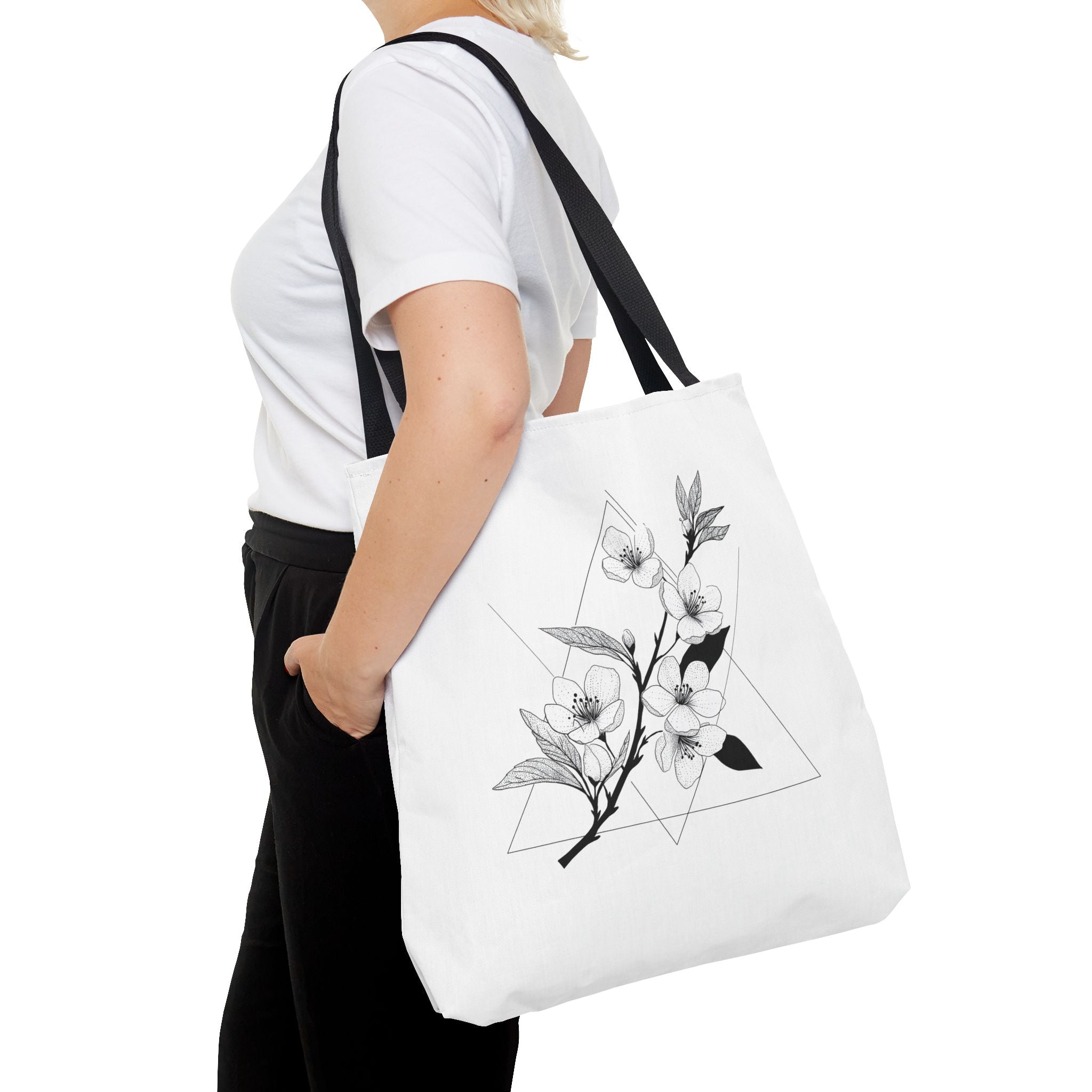 Floral Triangle Tote Bag — Minimal Black & White Botanical Canvas Tote