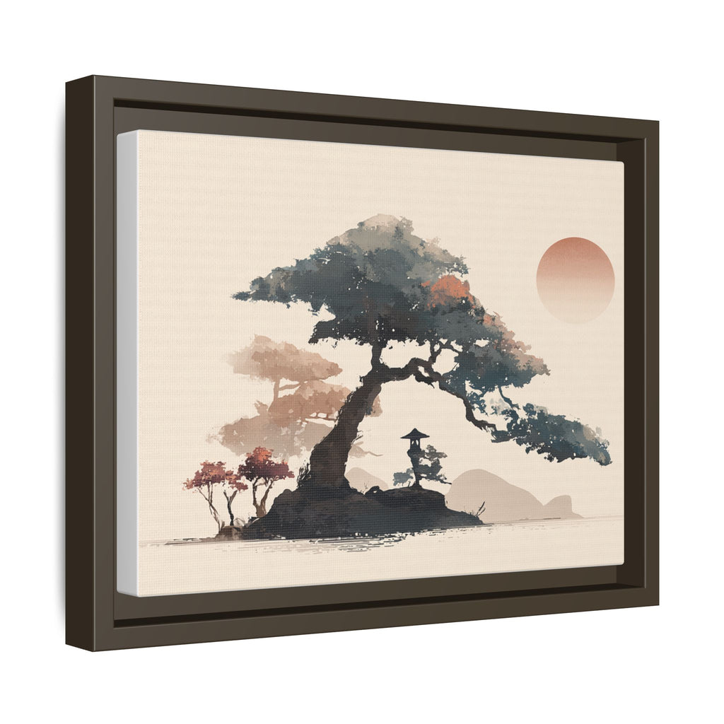Framed Matte Canvas - Bonsai Tree Sunset Japanese Landscape Wall Art