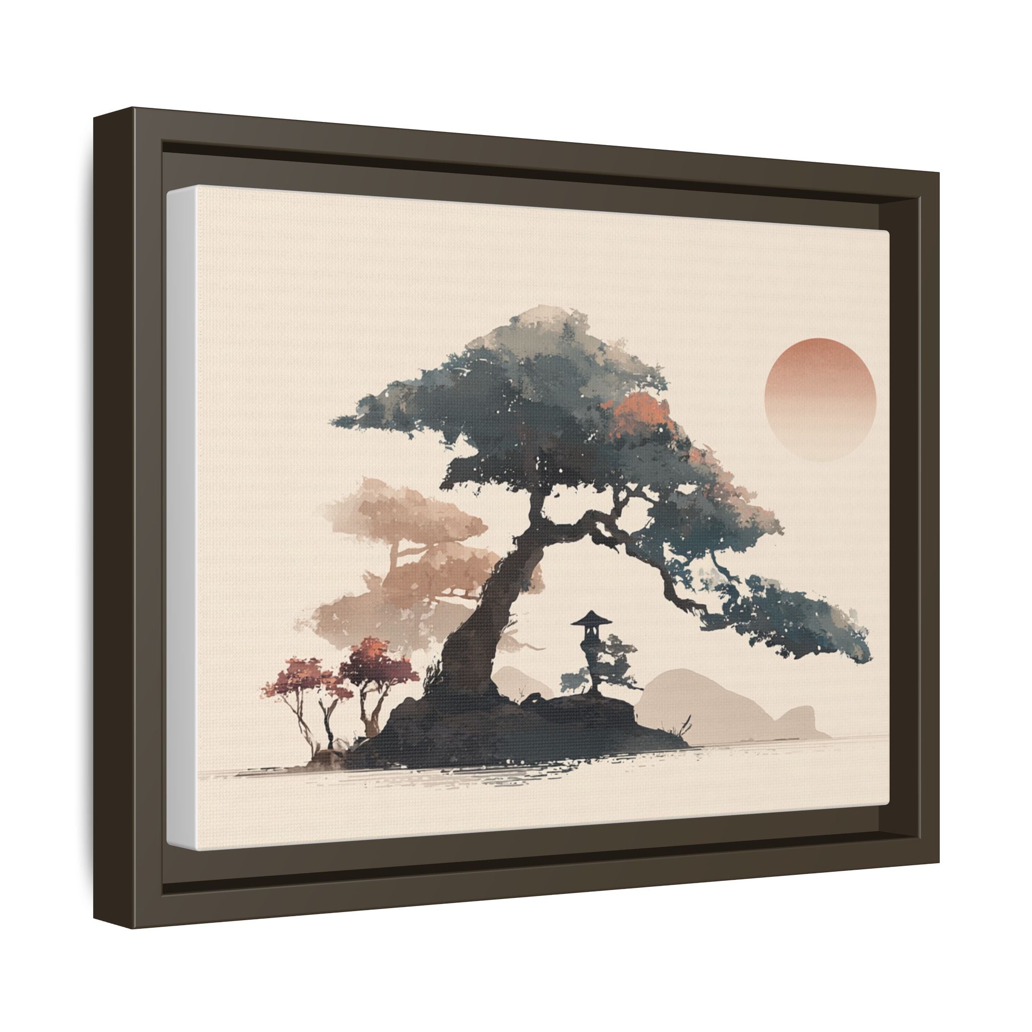 Framed Matte Canvas - Bonsai Tree Sunset Japanese Landscape Wall Art