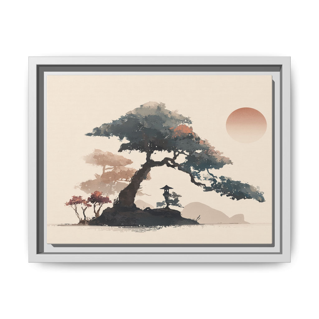 Framed Matte Canvas - Bonsai Tree Sunset Japanese Landscape Wall Art
