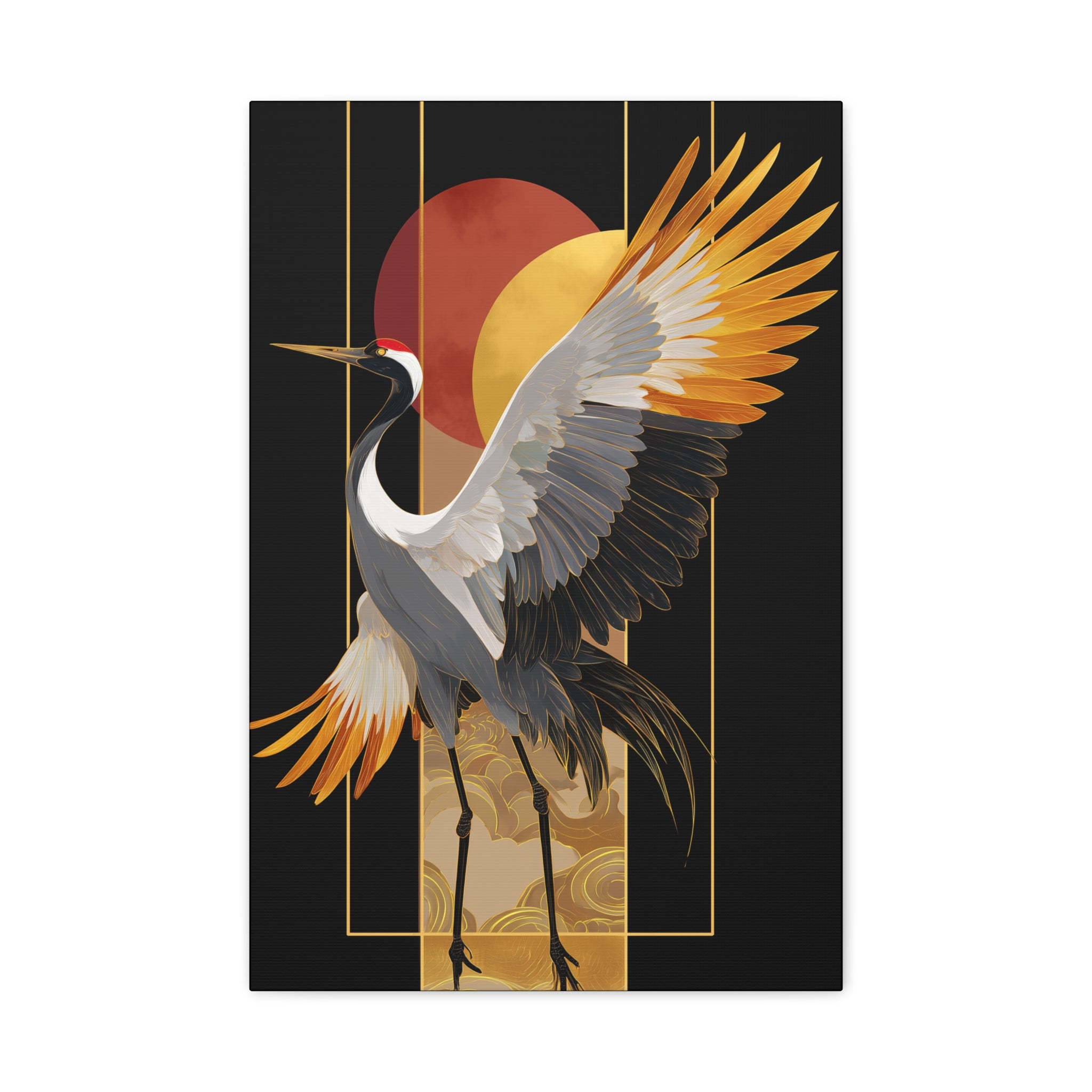 Golden Crane Matte Canvas Wall Art — Japanese Crane Sunrise Stretched Canvas