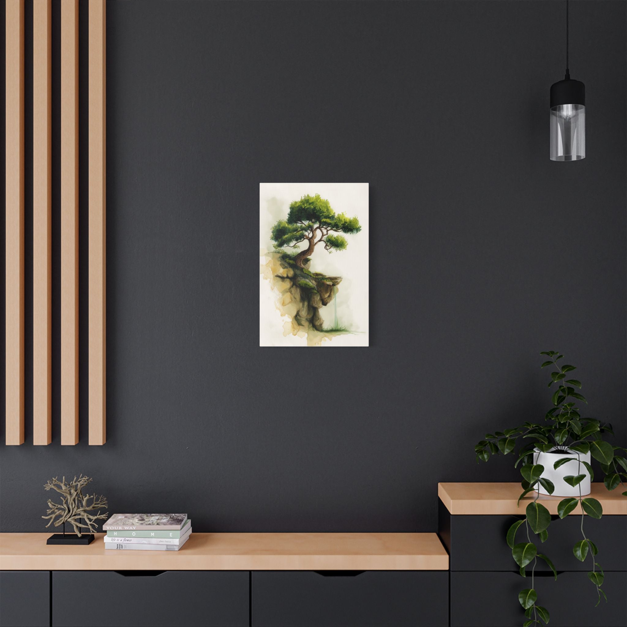 Bonsai Cliff Satin Canvas Art - Stretched Tree Watercolor Wall Decor