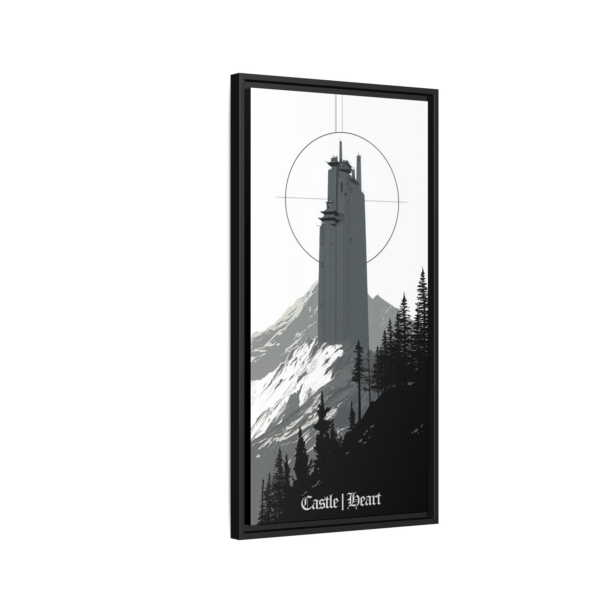 Framed Matte Canvas Print — 'Castle Heart' Monochrome Mountain Tower Art