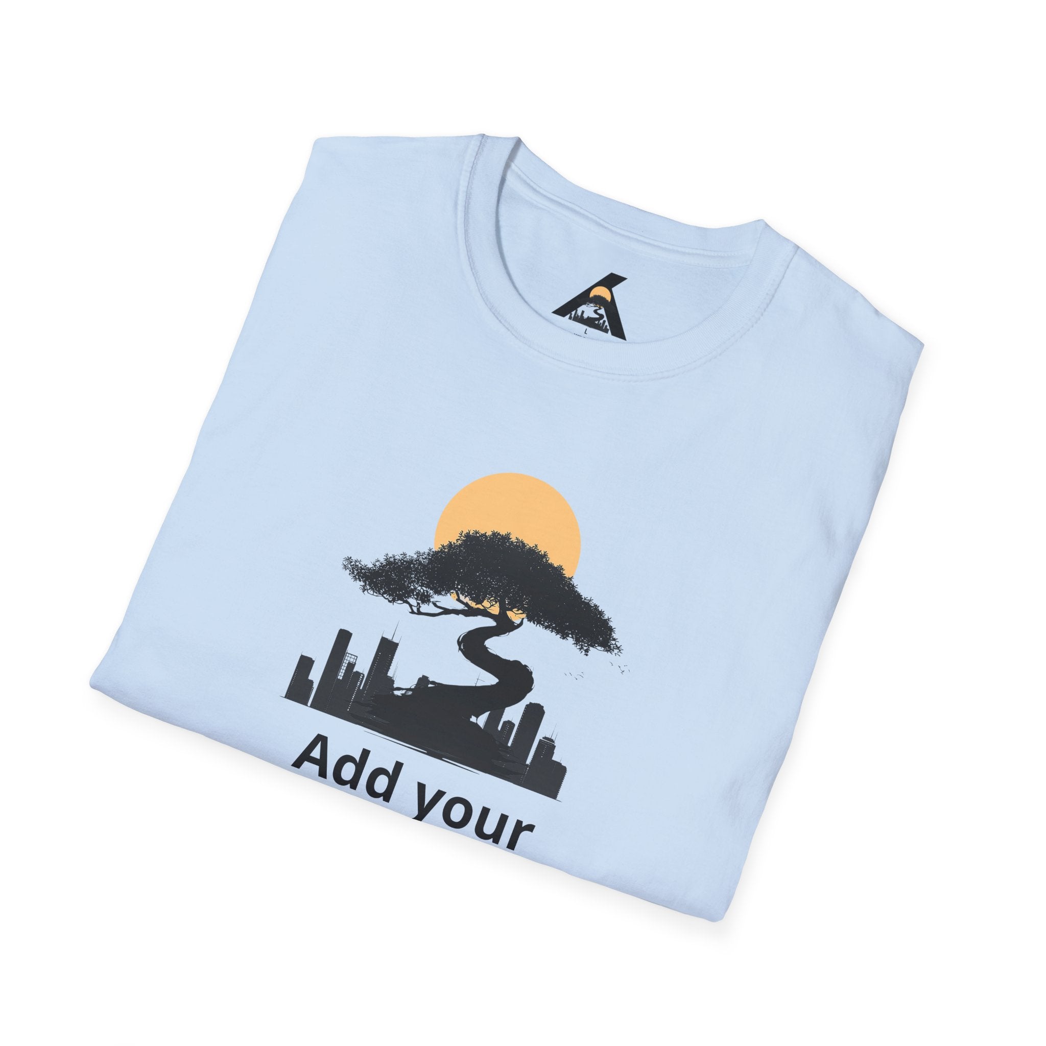 Custom Cityscape T-Shirt — Personalized 'Add your text here' Sunset Design