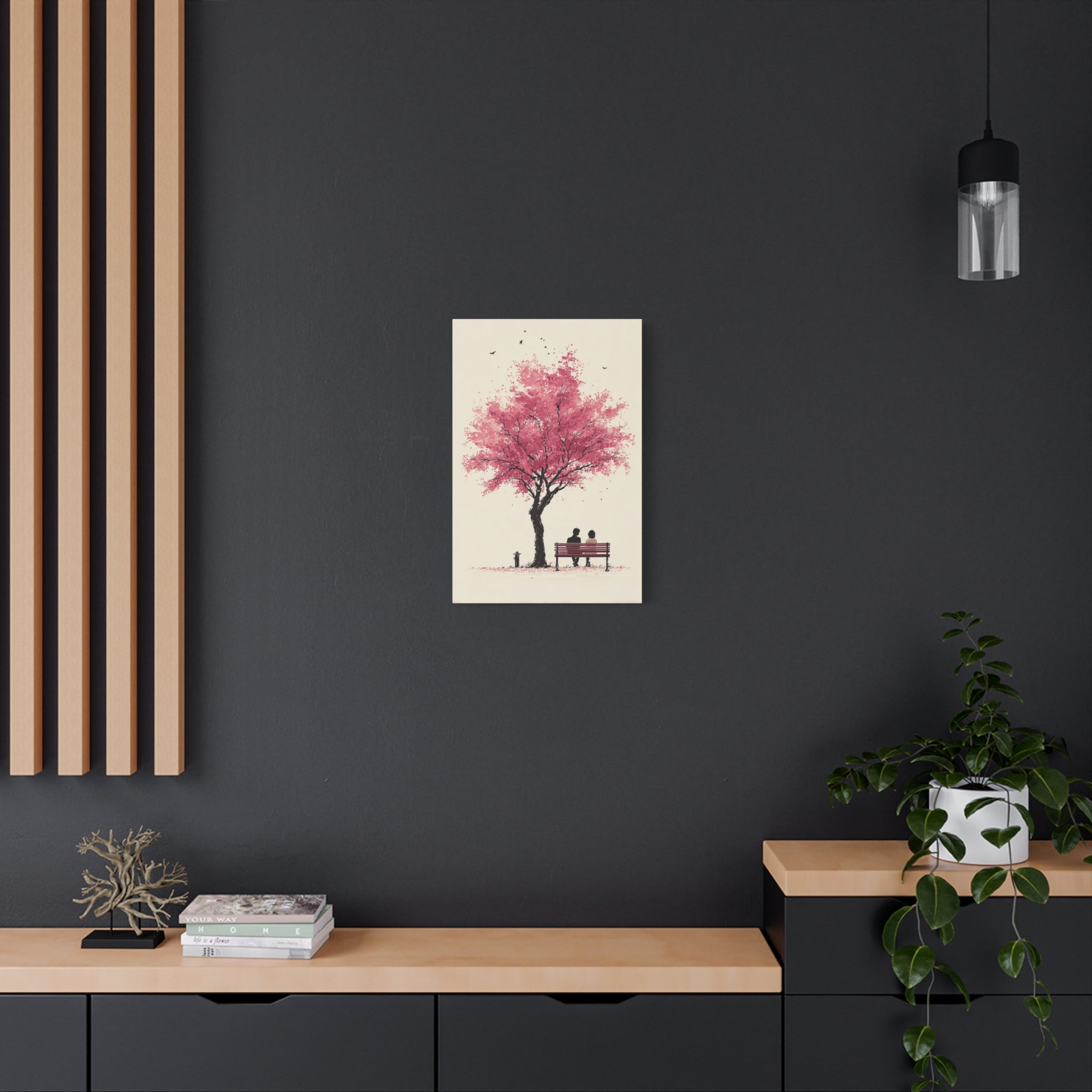 Cherry Blossom Bench Canvas Art — Romantic Pink Tree Wall Decor