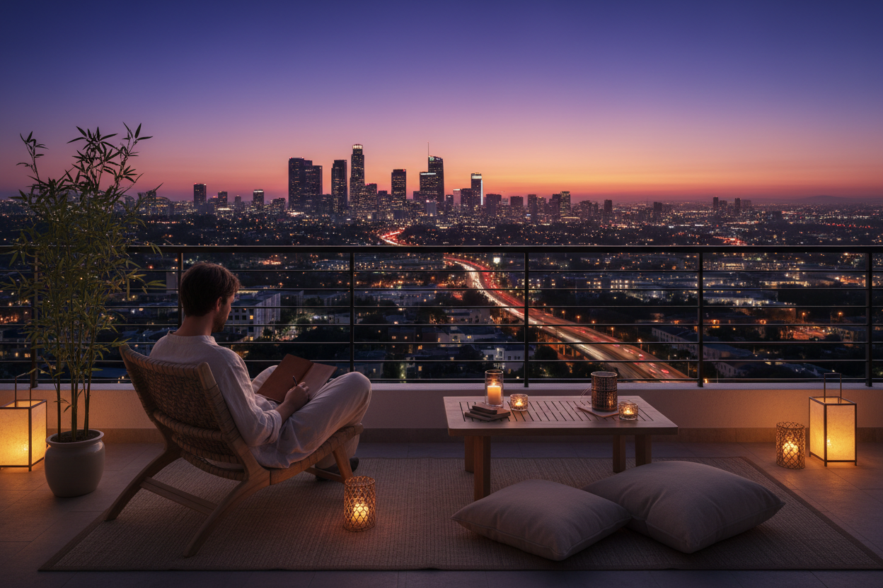someone in their zen like living room writing in their journal in the evening but its in their balcony looking out to a city skyline of los angeles
